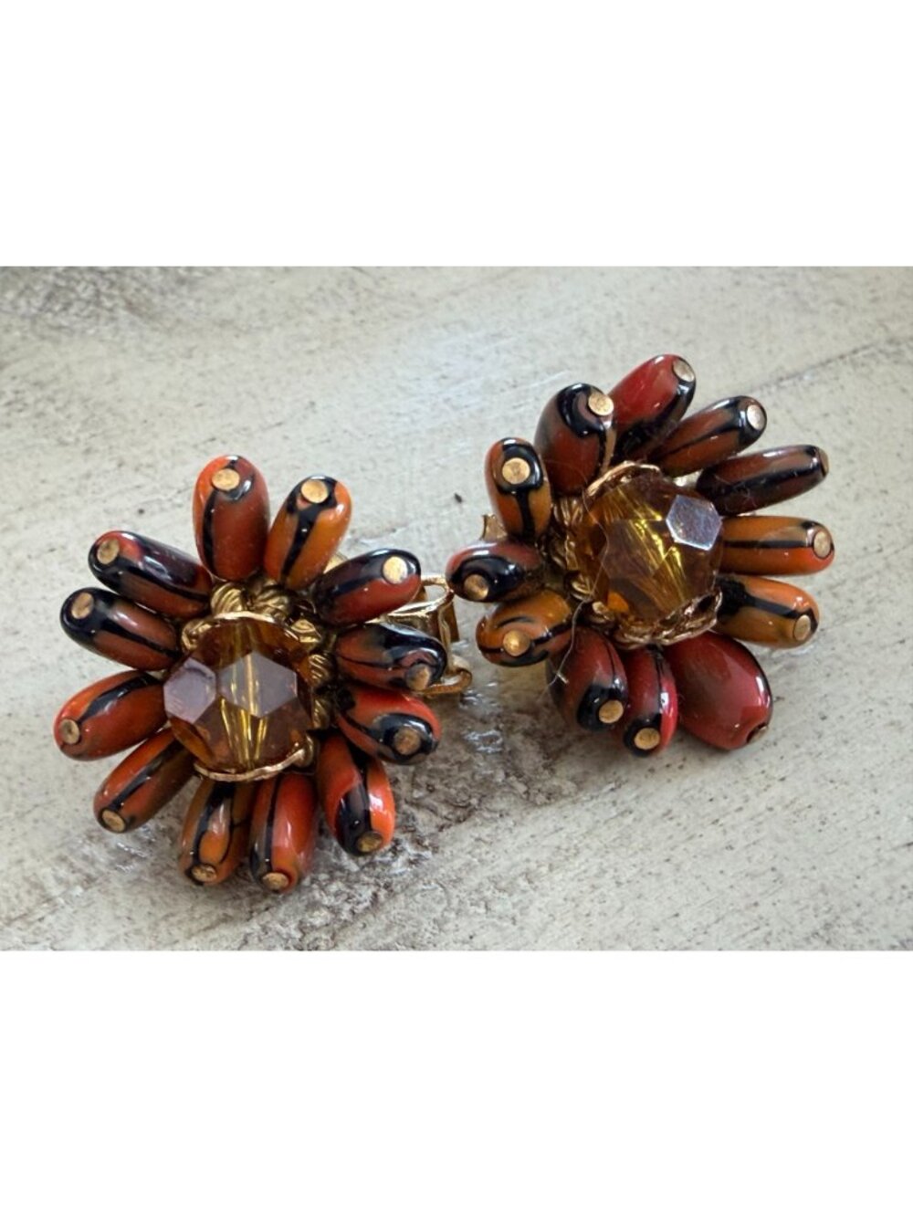 Vintage HOBE Signed Autumn Orange Black Art Glass Bead Cluster Clip Earrings - Picture 6 of 6